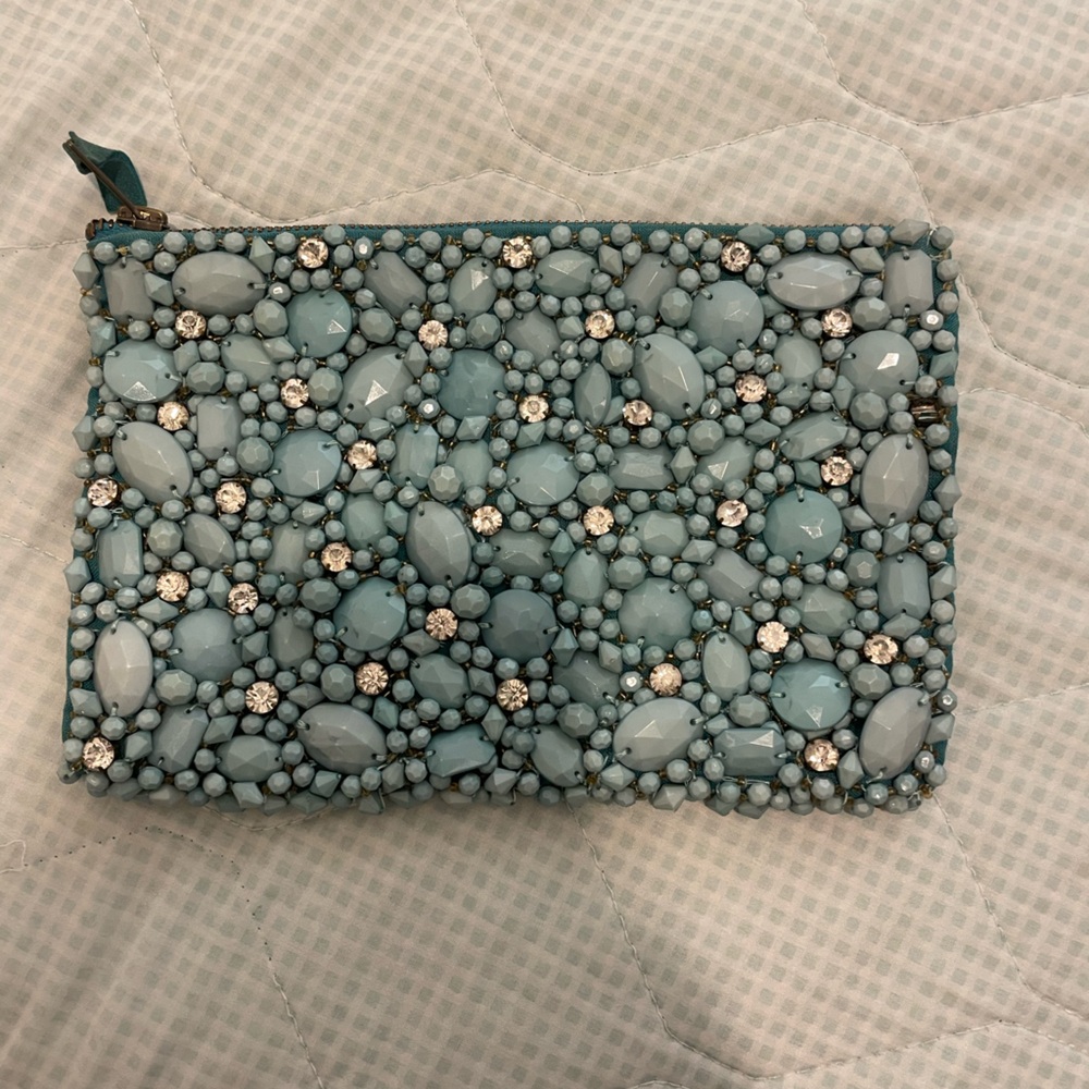 Rhinestone Studded clutch- turquoise with silk lining- in excellent condition